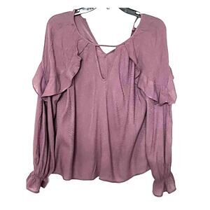 LUSH LONG SLEEVE RUFFLED BLOUSE, WOMENS, M, PLUM, FRONT & BACK KEYHOLES